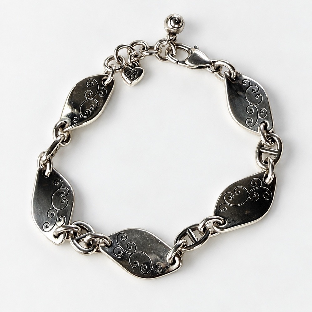 Brighton Twirl Link Bracelet Silver Tone Scrollwork Etched Links Adjustable